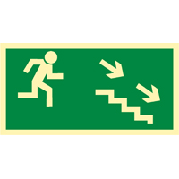 Znak: Kierunek do wyjcia drogi ewakuacyjnej schodami w d w prawo..